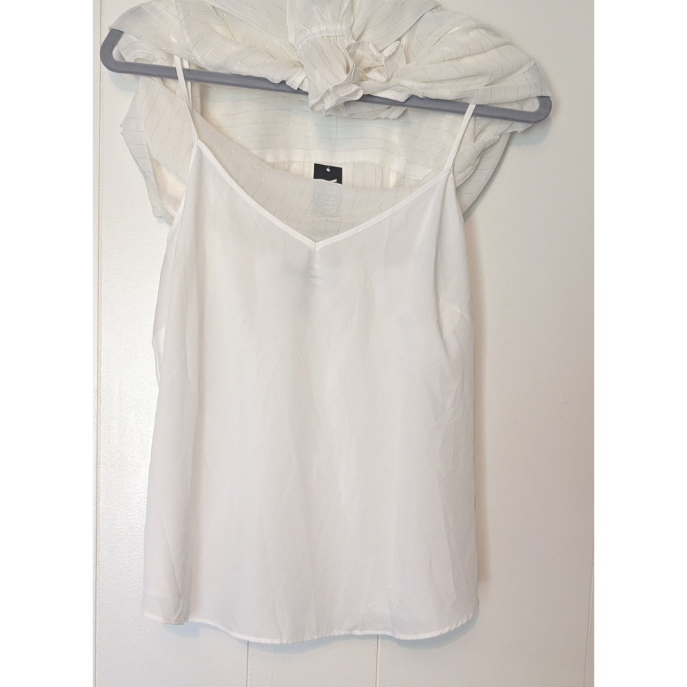 WHBM Tie Neck Blouse NWT White Metallic Pinstripe Ruffle M Office Romantic Fairy - Picture 5 of 12